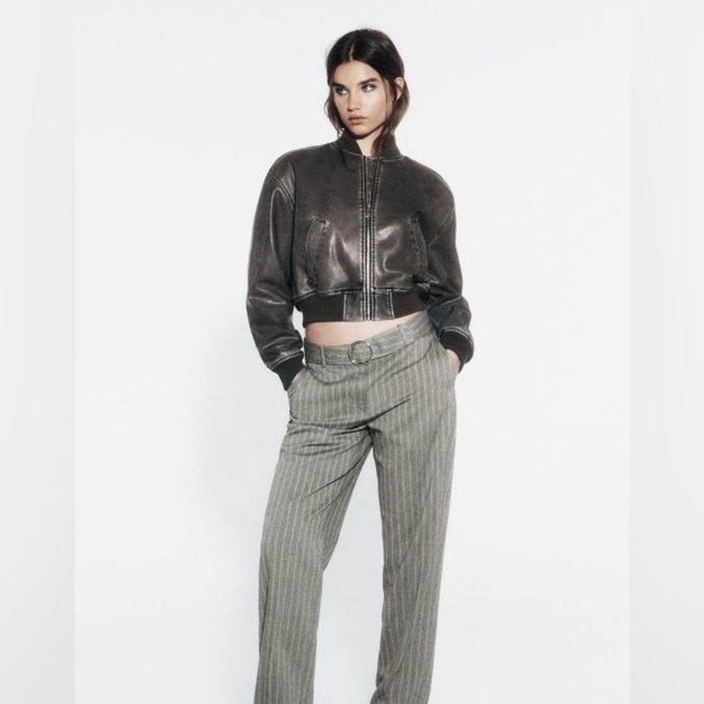 Zara Distressed Leather Bomber Jacket